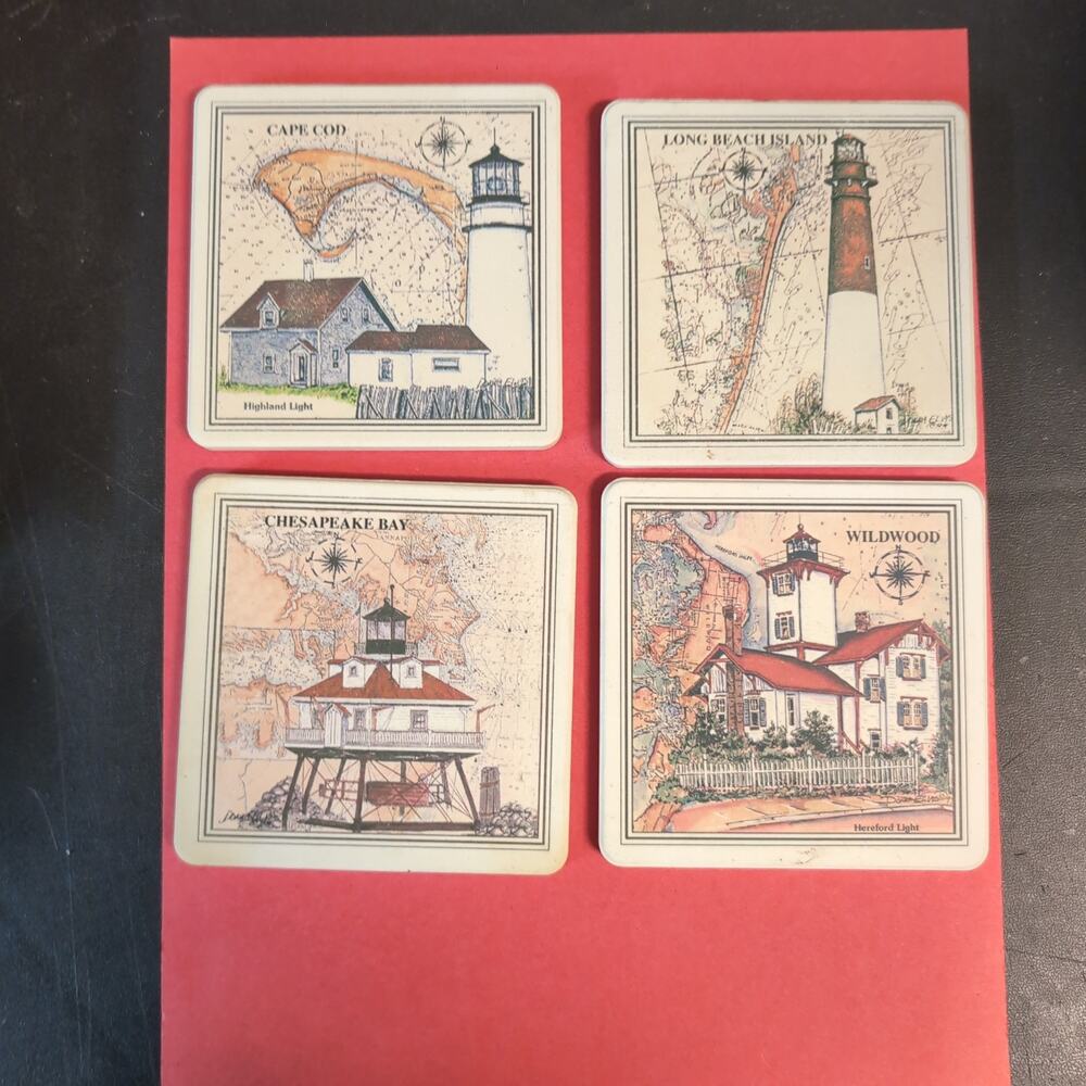 Set 4 Lighthouse Tile Coasters Chesapeake Bay Cape Cod Long Beach Is Wildwood